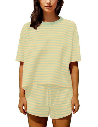 Image of Ythomm Striped Pajamas Shorts Sets Women 2 Piece Lounge Outfits Short Sleeve Tees Drawstring Shorts Summer Matching Pj Sets