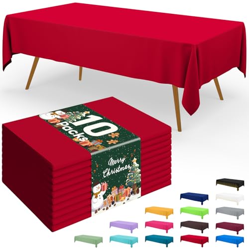 Smiry Disposable Table Cloth - 10 Pack, 54 x 108 Inch Waterproof Rectangle Tablecloths for Parties, Decorative Plastic Table Cover, Leakproof & Sturdy, Red