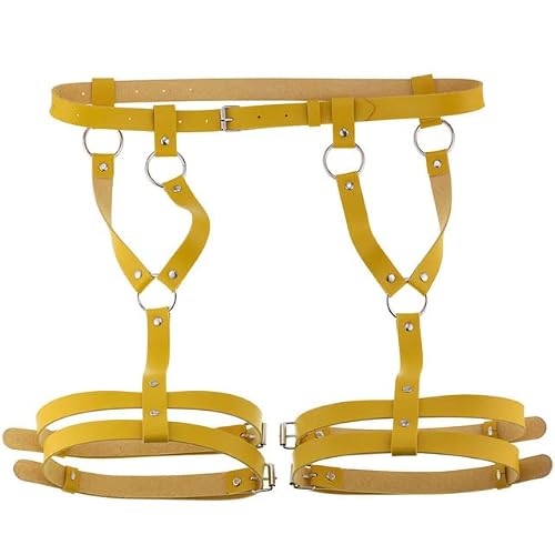 Wszjln Women's Yellow Leather Harness Leg Garter Belt Sexy Lady Body Lingerie Sword Belts Goth Leather Harness Thigh Garter Suspenders Toy