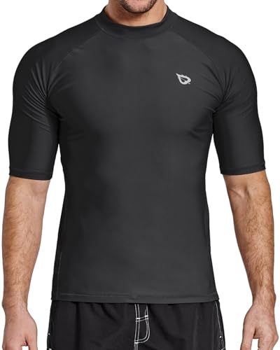 BALEAF Camiseta de natación de manga corta para hombre, protección solar UPF 50+, de secado rápido, camiseta de compresión, Negro -, Large
