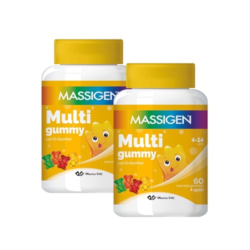 Massigen - Multi Gummy, Multivitaminico per Bambini 4-14 Anni, Due Confezioni da 60 Caramelle, Vitamine Gommose con Vitamina A, C, E, D, B6, B12 e Acido Folico, Quattro Gusti, Senza Glutine e Lattosio