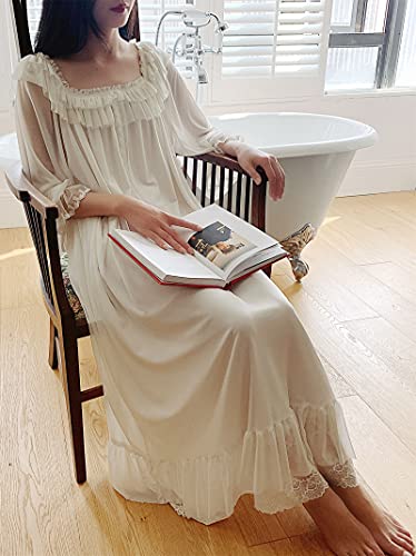Women's Lace Vintage Victorian Nightgown Long Sleeve Sleepwear Nightdress4