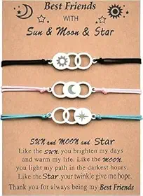 Pulseiras para melhor amiga para 3 pulseiras coloridas da amizade, presentes para mulheres, presentes de aniversário fofos, presentes de aniversário para ela, sol, lua e estrela, conjunto de 3