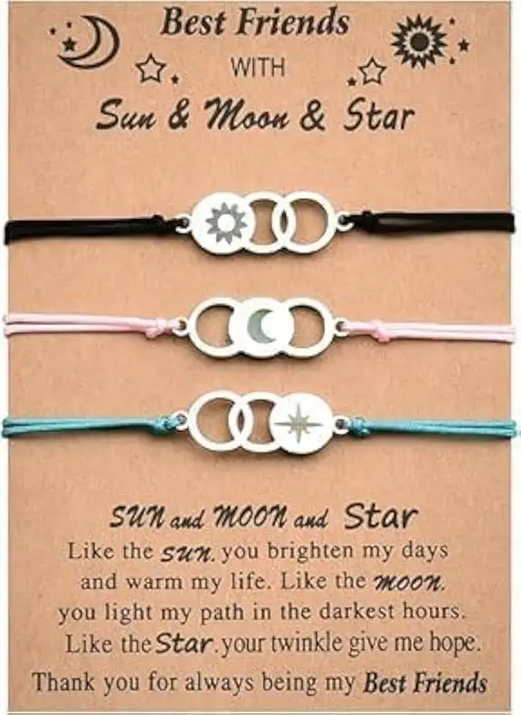 Pulseiras para melhor amiga para 3 pulseiras coloridas da amizade, presentes para mulheres, presentes de aniversário fofos, presentes de aniversário para ela, sol, lua e estrela, conjunto de 3
