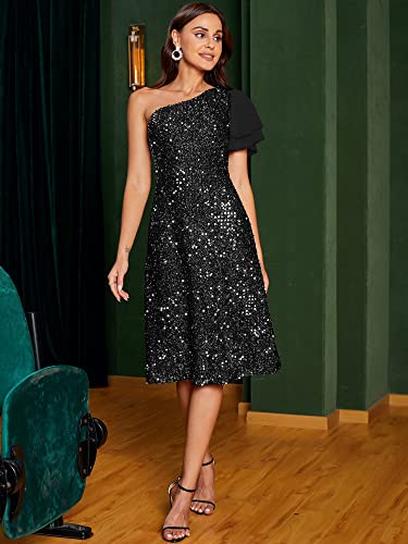 Zaful Women's Sexy One Shoulder Glitter Sequin Ruffles Sleeveless Sparkle Bodycon Midi Dress For Party Formal Wedding Guest(Black, L) #TOP5