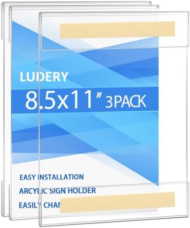 Ludery Acrylic Sign Holder 8.5 x 11 Wall Mount, Clear 8.5 x 11 Acrylic Sign Holder with Double Sided Tape Adhesive for Home, Office, Store, Restaurant (3 Pack)
