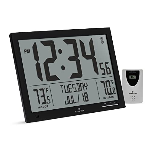 MARATHON Atomic Full Calendar Clock with Extra Large Digits Indoor and Outdoor Temperature