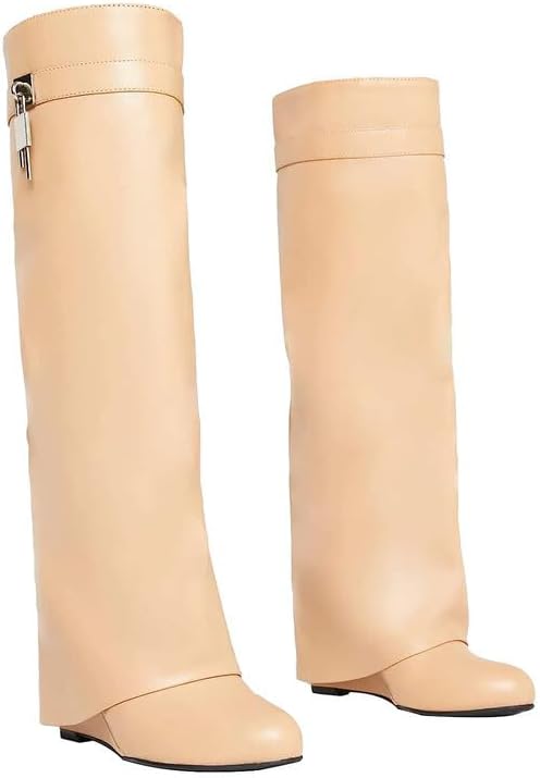 keleimusi Fold Over Wedge Boots Heeled PadLock Pant Knee High Shoes Tall/Short Booties in Black - Image 4