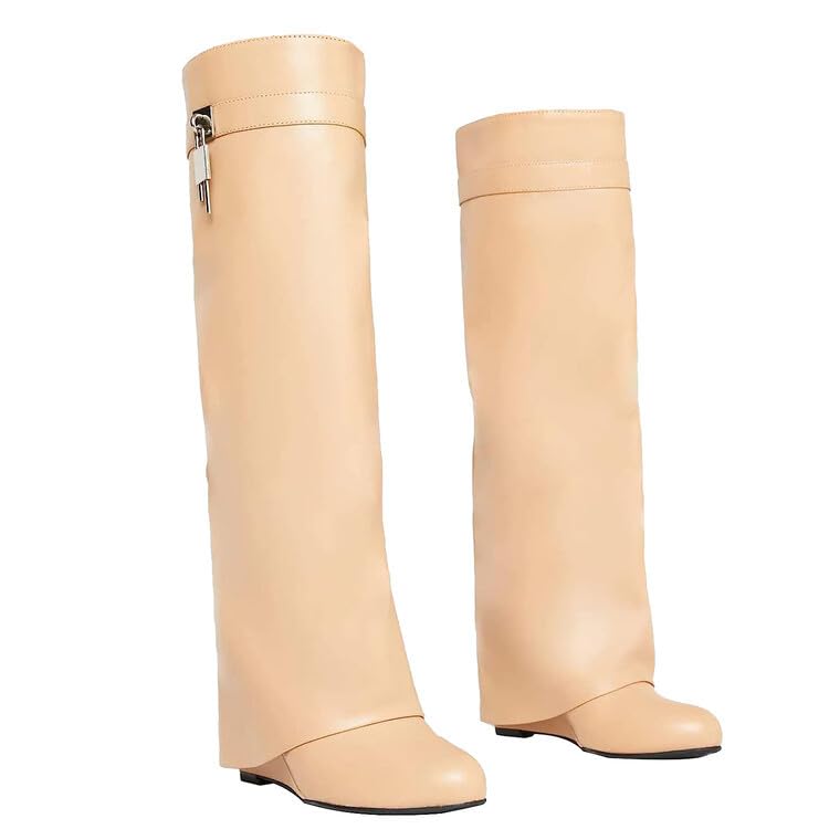Image of keleimusi Fold Over Wedge Boots Heeled PadLock Pant Knee High Shoes Tall /Short Booties