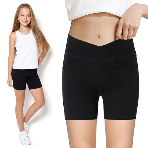 La mejor comparación de Pantalones cortos deportivos para Niña que Puedes Comprar On-line. 44 ZukoCert - Pantalones cortos deportivos para niñas, control de abdomen, cintura cruzada en V, perfectos para voleibol, baile, gimnasia, Negro -, 11-12 Años