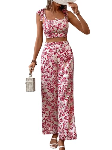 Floerns Women's 2 Piece Summer Outfit Floral Print Knot Shoulder Zip Back Crop Cami Top and Maxi Pants Set