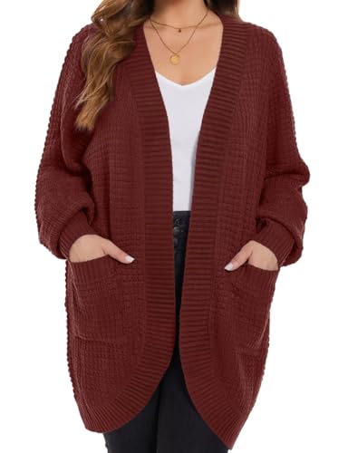 Image of MONNURO Womens Plus Size Open Front Cardigan Waffle Knit Long Sleeve Sweaters Tops Fall Coat Outerwear with Pockets