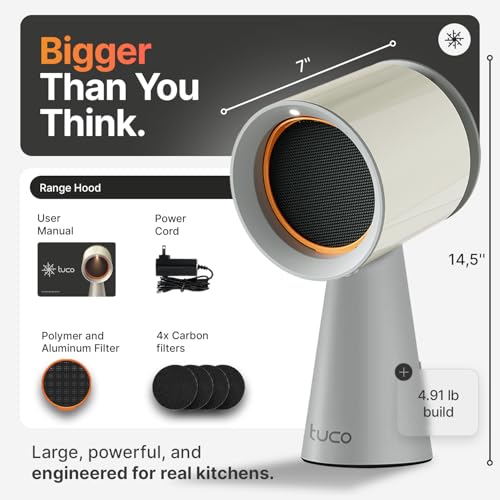 TUCO Portable Range Hood, Countertop Kitchen Exhaust Fan with 3 Speeds, 5-Layer Filter, Powerful Smoke Removal, Low Noise, Oil Cup, Air Purifier for Apartments, Dorms & Indoor BBQ Smokeless – Grey