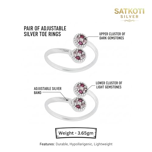 Image of SATKOTI 925 Silver Toe Rings for Women | Adjustable Pure Metal Bichiya with AAA Quality CZ Stone| BIS Hallmarked Jewelry with Authenticity Certificate | Pair of 2 Metti