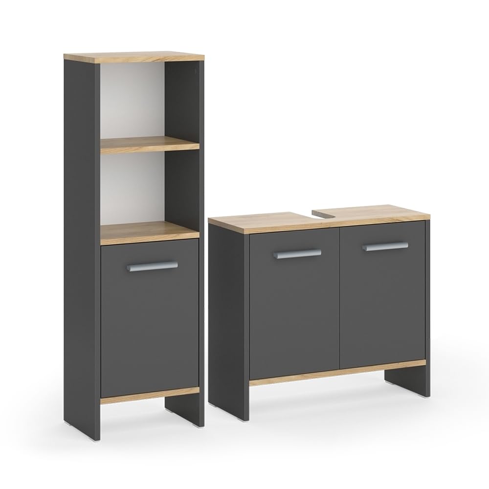 Vicco Set di mobili da bagno Karli, Antracite/​quercia dorata, 63.8 cm, composto da mobile sottolavabo e colonna alta