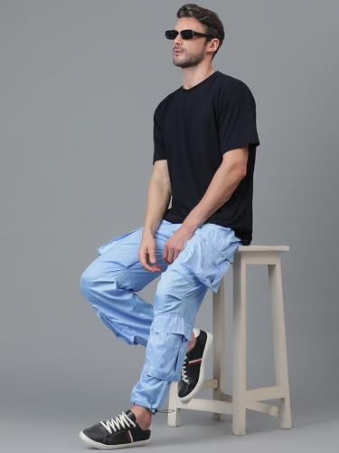 Image of KOTTY Men's Solid Mid Rise Utility Pocket Button Willow Blue Regular Cargo
