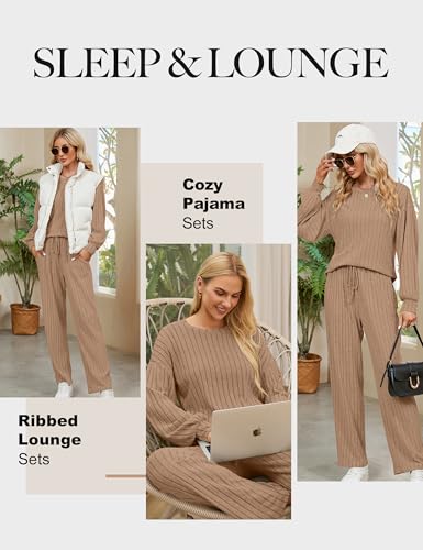 Image of Blooming Jelly Women Ribbed Long Sleeve Pajama Sets Fall Loungewear Pockets | 2 Piece Lounge Pj Matching Set Cute Casual Outfit Fleece Drawstring Crew Neck Wide Leg Flannel Soft Sleepwear