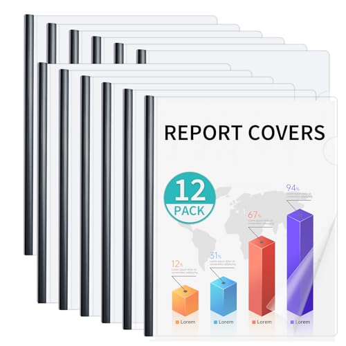 Binditek 12 Pack Clear Report Covers with Black Sliding Bars, 70 Sheet Capacity, 9mm Binding Bars, Letter Size, 5.5 Mil Thick, Black, for Students and Coworkers