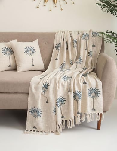 Image of Handwoven Cotton Sofa Throw Blanket with 2 pcs Cushion Covers Lightweight Decorative Couch & Bed Throw (Pack of 3, Blue Palm Tree)