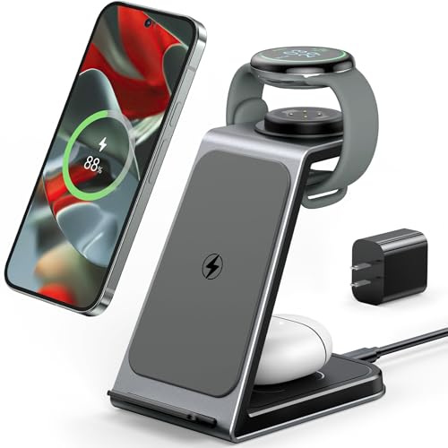 Meifigno Watch Charger Stand for Pixel Watch 3/2/Fitbit Versa 4/3/sense 2/Sense (Not for Pixel Watch1/4) 3 in 1 Aluminum Alloy Pixel Charger Designed for Google Pixel 10 Pro XL/9/9a/8/7 for Buds