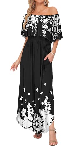 Image of AUSELILY Womens Off Shoulder Ruffle Split Summer Maxi Dresses with Pockets | Off-shoulder Ruffle dress with empire waist & side split for summer beach and casual parties