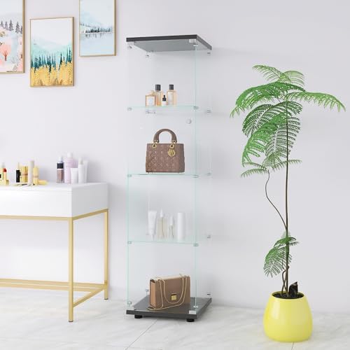 Glass Display Cabinet with Lockable Door, 4 Shelves Curio Bookcas...