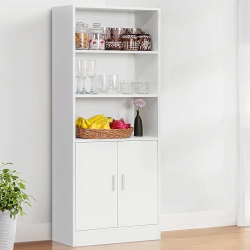 Image of About Space 5 ft Kitchen Cabinet - 5 Tier Wooden Storage Cabinet with 3 Open Shelves & 2 Magnetic Door Crockery Cabinets, Easy to Assemble for Home Living Room (White - L 57 x B 25 x H 158 cm)