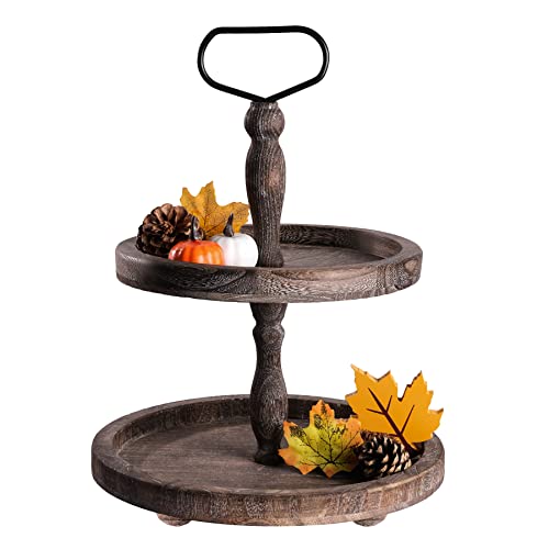Mustry Rustic Wooden 2 Tiered Tray, Round Farmhouse Kitchen Table...