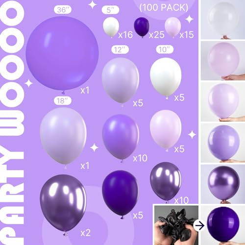 Image of PartyWoo Purple Balloon Garland, 100 pcs Shades of Purple Balloons Different Sizes Pack of 36 Inch 18 Inch 12 Inch 10 Inch 5 Inch for Balloon Garland Arch as Party Decorations, Birthday Decorations