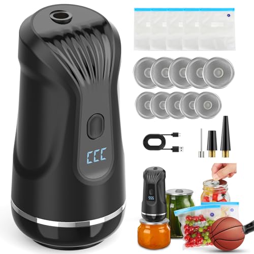 Máquina selladora al vacío de alimentos 3 en 1, sellador al vacío de mano recargable, juego de sellador al vacío con 5 bolsas de vacío reutilizables, 10 tapas para contenedor de vacío