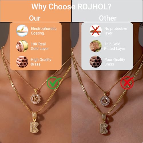 Gold Layered Initial Necklaces for Women, 18K Gold Plated Layering Round Letter Pendant Figaro Chain Letter Choker A-Z Zirconia Letters Name Crystal Jewelry Gifts for Women2