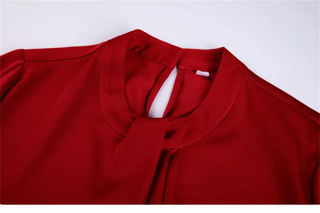 Blusa elegante de oficina para mujer, con lazo, cuello redondo, manga larga, color liso