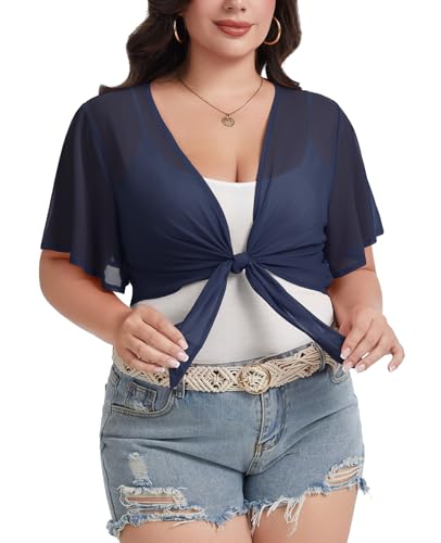 Image of Women Crop Cardigan Sheer Mesh Bolero Shrugs for Dresses Plus Size Tie Front Cardigans Ruffled Short Sleeve Tops
