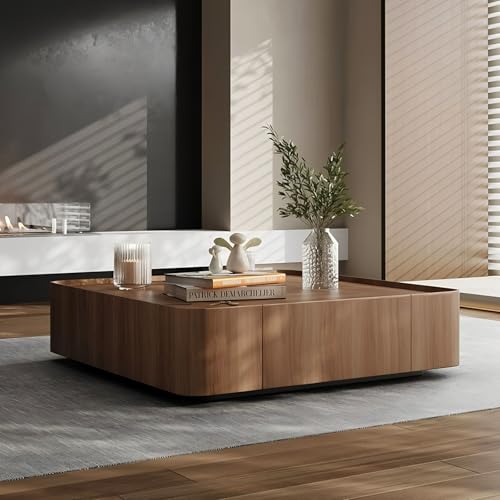 ASTMZIO Luxury Wood Coffee Table with Hidden Drawer, Easy Installation Square Center Table for Living Room, Raised Edge Design, Premium Walnut Finish (39.37' Square Coffee Table)