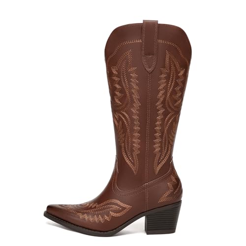 Athlefit Women's Square Toe Cowboy Cowgirl Boots Low Chunky Heel Embroidery Western Mid Calf Boots for Country Concerts2