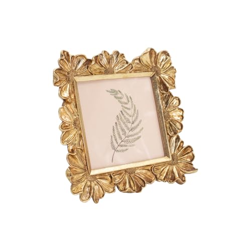 Image of Antique Floral Picture Frame - Resin & Glass Victorian-Style Frame for Tabletop or Wall Decor (Gold, 4 inch x 4 inch)