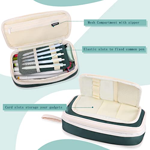 Image of iSuperb Large Capacity Pencil Case Dark Green Pencil Pouch Portable Pen Bag with 2 Compartments Pen Organizer Gifts for School Kids Children Teen Boys Girls Men Women