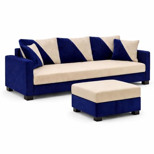 Image of Zavian 4 Seater L Shape Sofa Set with Movable Ottomans | Flexible Layout | Rich Velvet Suede Fabric | Silver Legs | Spacious Seating | Modern Sofa for Living Room (Dark Blue-Cream)