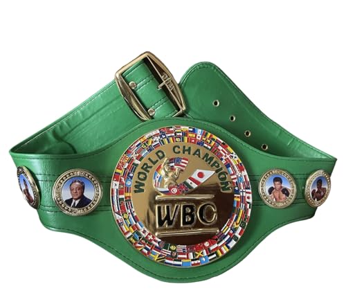 WBC Ceinture de champion de boxe pour adultes – Ceinture de champion du monde en cuir vert avec plaques dorées et détails de drapeau – Réglable et...