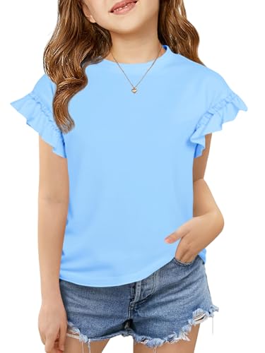 Image of Haloumoning Girls Ruffle Short Sleeve T Shirts Kids Summer Crewneck Tops Cute Tees Blouse 5-14 Years