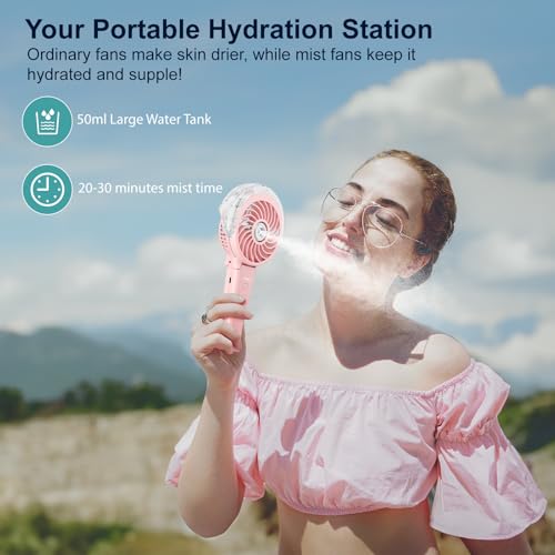 HandFan 4000mAh Misting Fan with Portable Charger, 50ml Water Tank, Rechargeable Handheld Personal Mister-Fan, Spray Water Mist-Fans, Foldable Electric Hand Fans for Beach Travel Outdoors