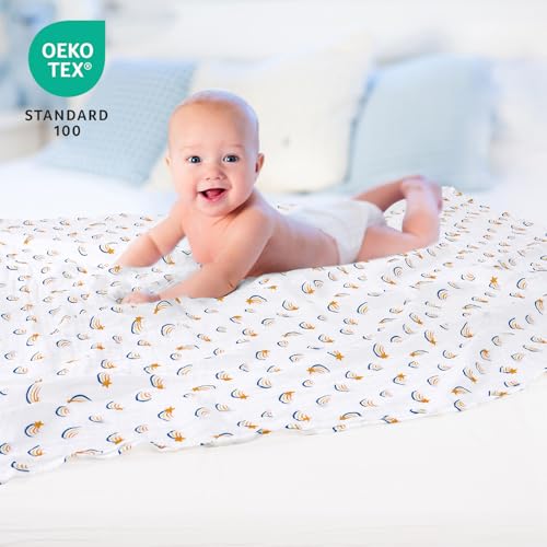 Image of david's kids 4 Pack Baby Muslin Swaddle Blankets, 100% Cotton and Ultra Soft Breathable Receiving Blanket Wrap for Boys Girls, New Born Essentials, Large 47 x 47 inches, Rainbow