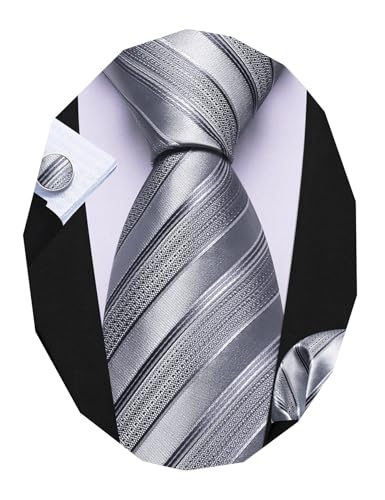 Image of Barry.Wang Tie Sets for Men Silk Stripe Necktie Woven Checkered Handkerchief Cufflinks Formal Business Wedding