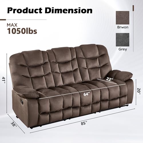 Image of HAOMARKETS 3 Seat Manual Reclining Sofa, Soft Fabric Recliner Couch with Padded Headrest and Armrests, 85 inch Wide Overstuffed 3-Seater Recliner Couches for Living Room, Brown