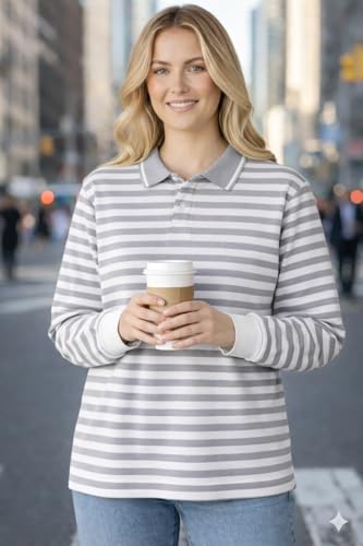 Image of Mack Jonney Women's Striped Polo T-Shirt | Full Sleeves | Collared Casual Cotton Tee | Regular Fit Top-M7372
