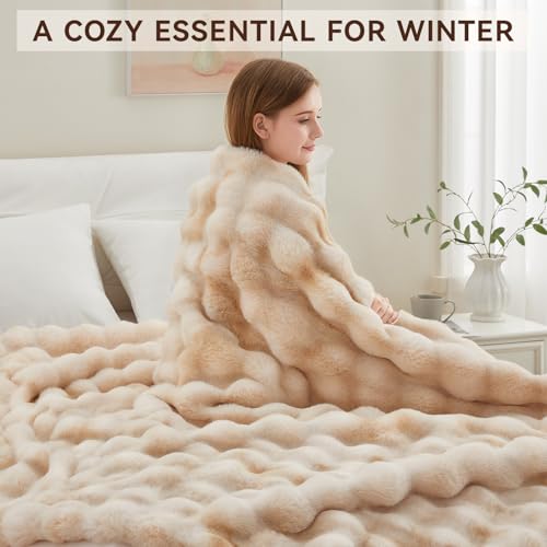 Faux Fur Throw Blanket, 1000GSM Fluffy Soft Bubble Blanket for Couch Bed, Cozy Plush Warm and Thick Blanket, Fuzzy Rabbit Throw for Living Room Bedroom 80''*90'' Tie-dye Brown