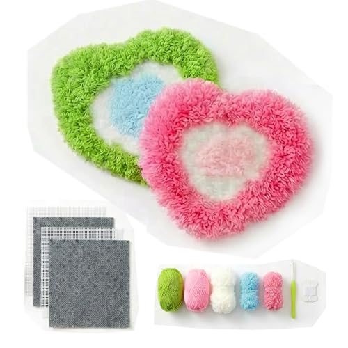 Image of beausougon 2-Pack Latch Hook Kits for Beginners, DIY Heart Coaster Mug Rugs with Non-Slip Backing, Aesthetic Shag Tufting Craft with Soft Chenille & Acrylic Yarn, Cute Y2K Room Decor Gift for Adults