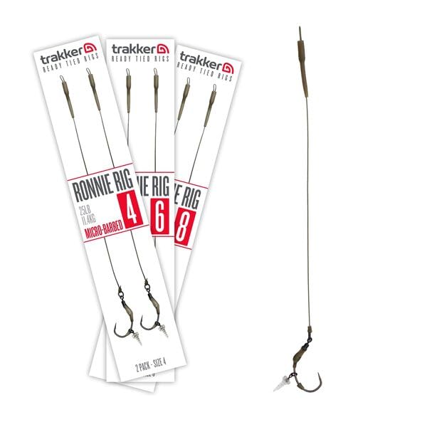 Trakker Ronnie Rig 25lb 11.4kg Size 6 Micro Barbed x2 Pack | Carp Fishing Rig | Super Sharp Clinga SP Hook | Ronnie Swivel Size 11 | Grip Bead and Hook Rigger | Semi-Stiff Coated Braid | Code 228746