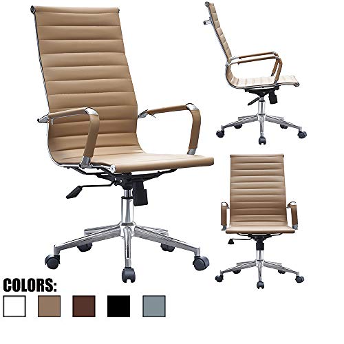 2xhome - Tan - Ribbed Office Chair Tan Beige Ribbed Modern PU Leather