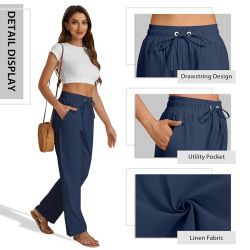 Friptspyg Palazzo Hosen Lässige Hosen Damen Sommer Elastische Bund Freizeithosen mit Taschen,Dunkelblau XL
